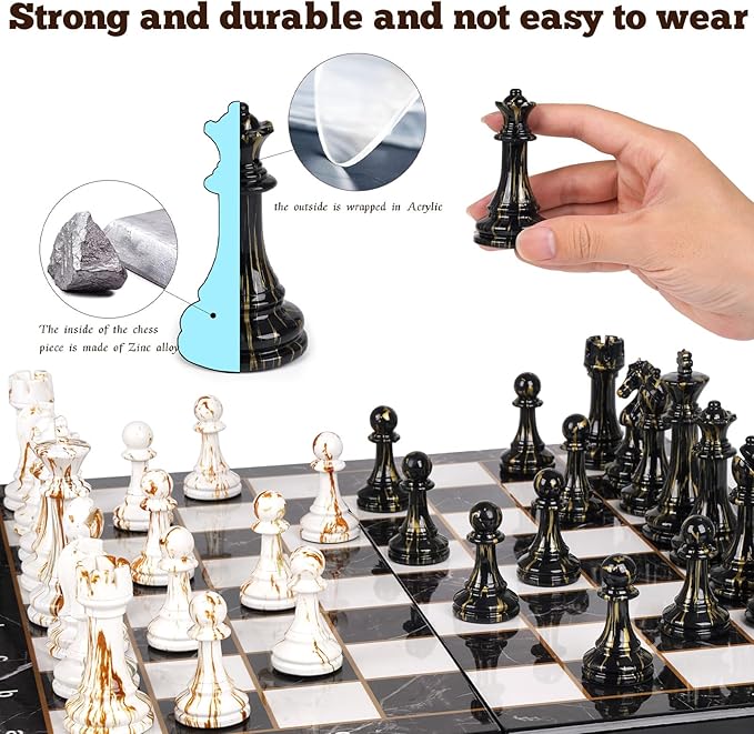 15" Large Chess Set for Adults with Weighted Acrylic Chess Pieces 3.5" King & Portable Folding Marbling Wooden Chess Board Travel Chess Sets Family Board Game Gift – Elegant Classic Chess Game-BubblyBeeBaby