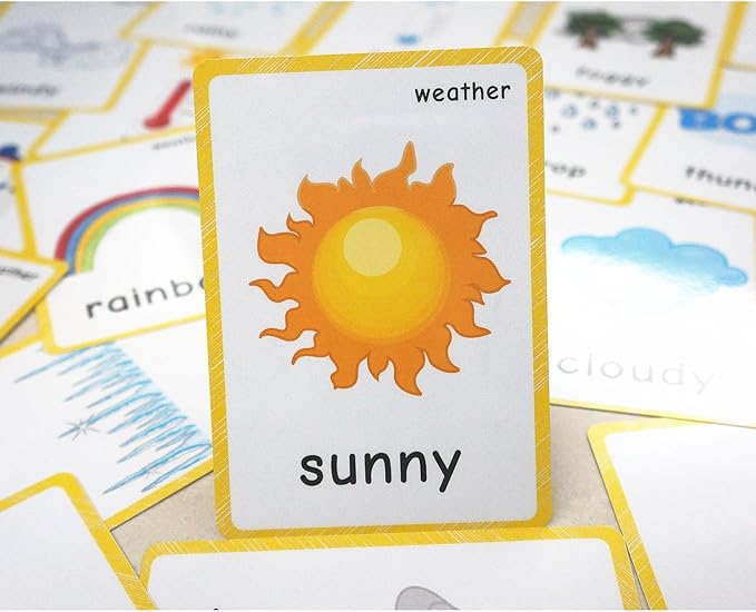 22 Weather Flash Cards(pre k flashcards) - Classroom Decorations and Early Learning Kindergarten Teacher Tools - Flash Cards Hole Punched - with 1 Ring -So You Can Sort and Organize The Cards Easily-BubblyBeeBaby