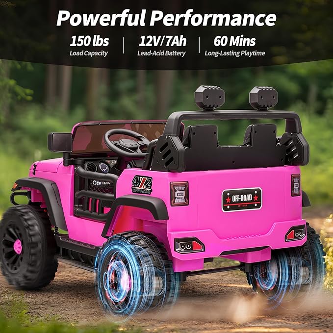 2 Seater Ride on Car Truck, 12V Kids Electric Ride on Toy for Big Kids Age 3-8 w/Remote Control- Hot Pink-BubblyBeeBaby