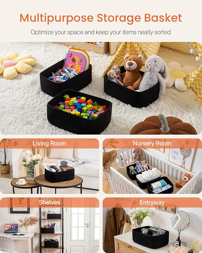 KALLAX Small Woven Basket, 13.5 x 9.5 x 5 Inches, Storage Basket for Organizing, Cute Small Rope Shelf Closet Cube Storage Bins Baskets for Shelves, Dog Toy Gift Baskets Empty, 3 Packs, Black-BubblyBeeBaby
