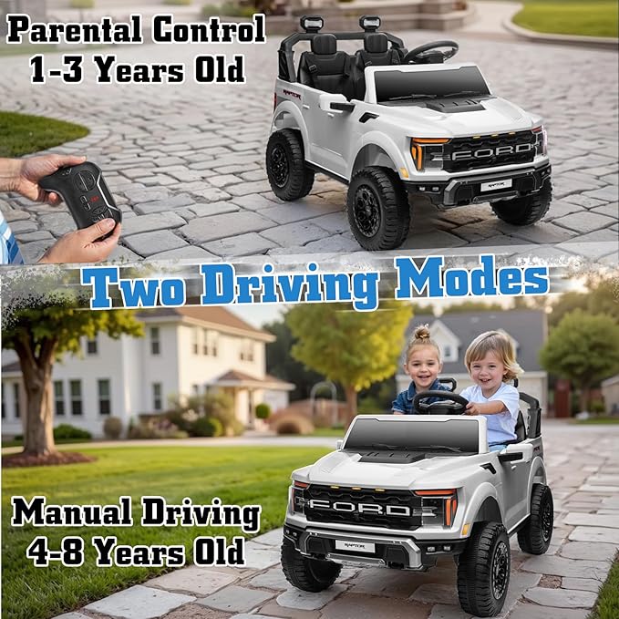 24V Ride on Car Licensed Ford F-150 Raptor, Kids Electric Car with Remote Control, LED Light/Music/MP3, Truck Bed Storage, 3-Point Seat Belt (24V, White)-BubblyBeeBaby