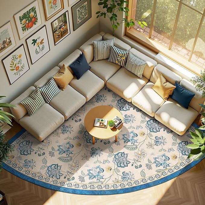 jinchan Floral Corner Rug for Living Room Washable Bedroom Rug Vintage Romance Design Non Slip Quarter Circle Lightweight Low-Pile Throw Carpet for Reading Nook Playroom,8ft Radius, Blue/Beige-BubblyBeeBaby