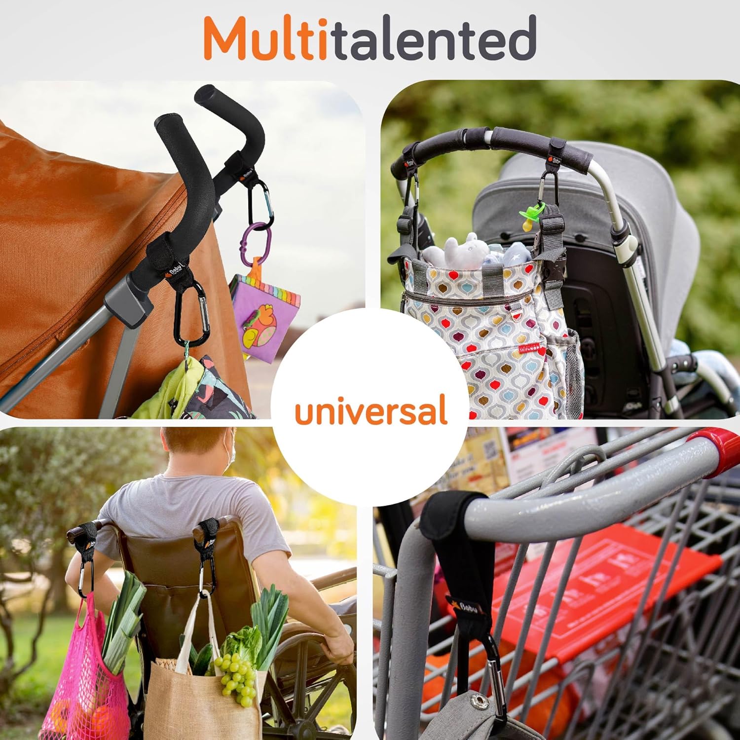 Baby Uma Baby Stroller Hooks for Bags - 4-Pack of Stroller Clips for Diaper Bag, Carry 11 lbs per Stroller Carabiner Clip, Adjustable Stroller Straps, Bag Hook, Universal Stroller Accessories