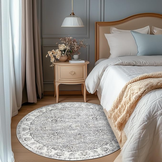 jinchan Round Rug 6ft Area Rugs Vintage Floral Distressed Design - Machine Washable Non-Slip Low-Pile Ultra-Thin Circle Rug for Entryway Bedside Living Room Dining Room Bedroom (6' Round,Grey)-BubblyBeeBaby