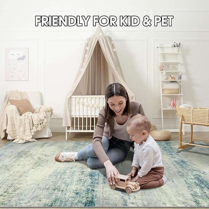 10x14 Area Rugs for Living Room: Soft Abstract Large Area Rug Non-Shedding Anti-Skid Stain Resistant Indoor Floor Modern Washable Rugs for Bedroom Dining Room Nursery Farmhouse Home Office-Blue/Gray-BubblyBeeBaby