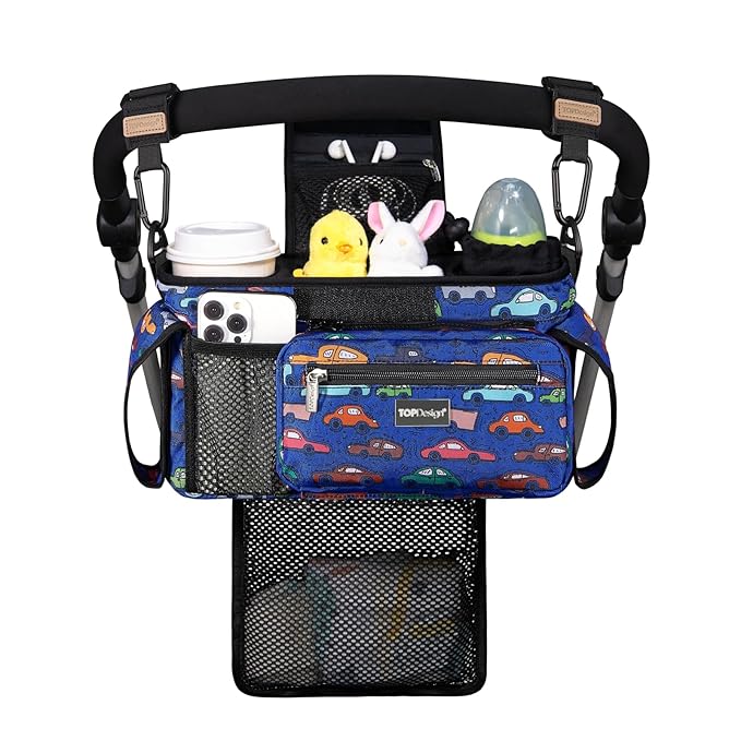 TOPDesign Universal Baby Stroller Organizer, Stroller Caddy with Detachable Mesh Bag & Heightened Insulated Cup Holders & Non-Slip Secure Hooks Accessories, Fits Most Strollers (Cars)-BubblyBeeBaby