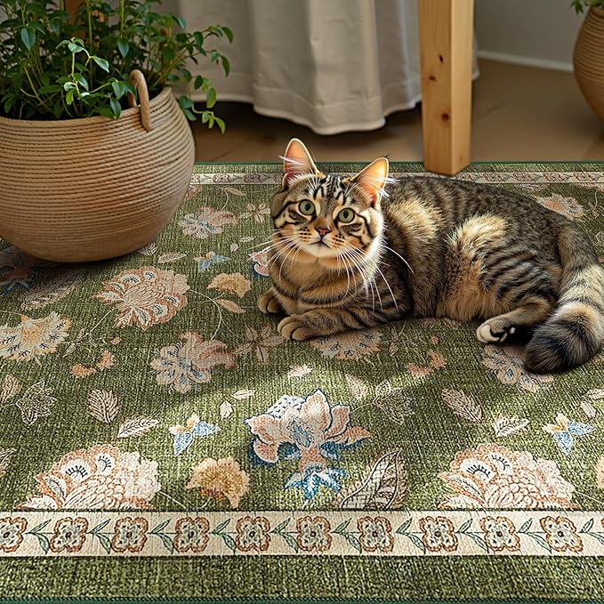 jinchan 2x3 Floral Rug for Entryway Washable Kitchen Rug Vintage Romance Design Small Mat Non Slip Indoor Doormat Lightweight Low-Profile Throw Carpet for Entrance Bathroom Laundry Room, Green-BubblyBeeBaby