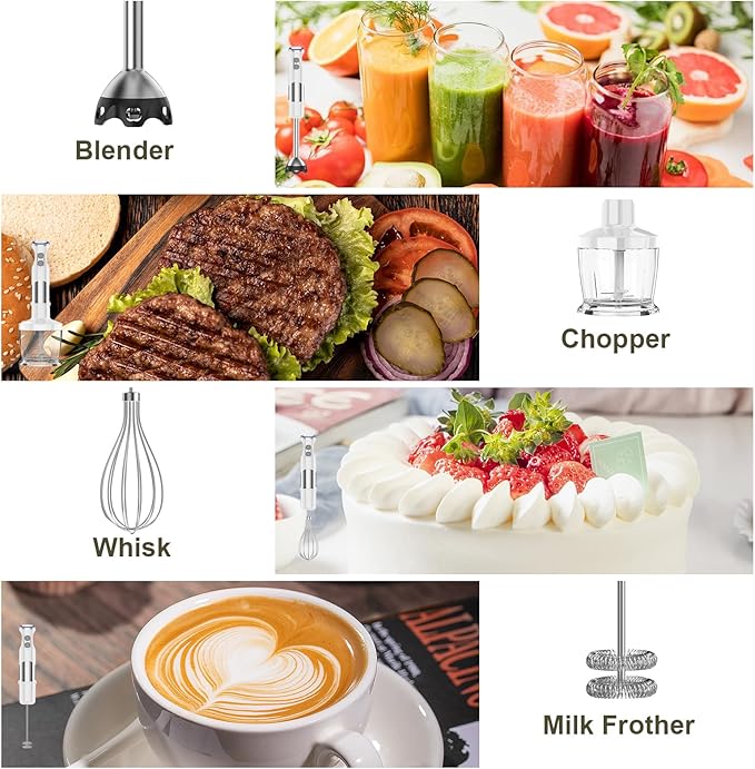 Immersion Blender Handheld Hand Blender - 1100W Non Scratch Stick Blender for Kitchen 12 Speed and Turbo Mode Chopper, Beaker, Whisk and Milk Frother for Milkshake Puree Smoothie Food-BubblyBeeBaby