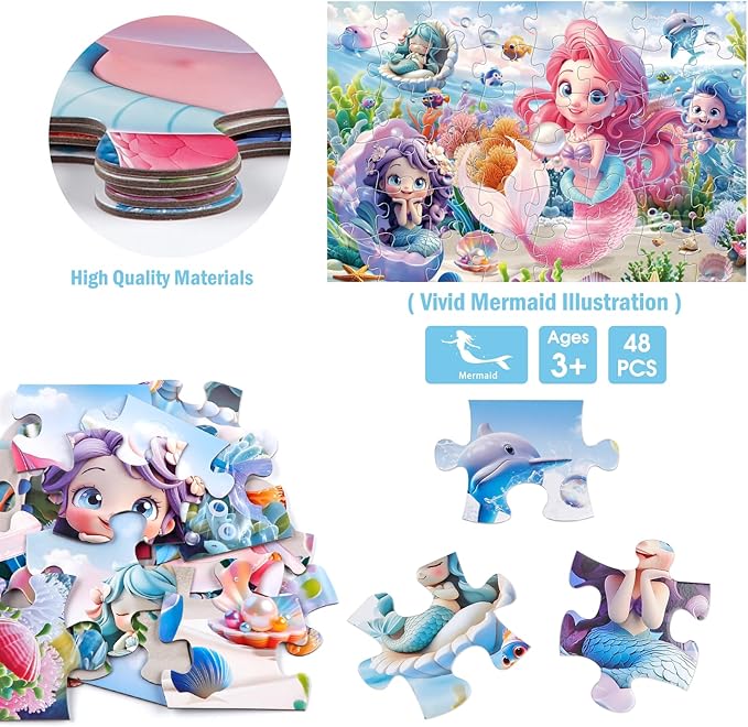 Jumbo Floor Puzzle for Toddlers & Kids Ages 3-5, 48-Piece Mermaid and Underwater Large Jigsaw Puzzle with Educational Fun, Great Gift for Boys & Girls Ages 4-8-BubblyBeeBaby
