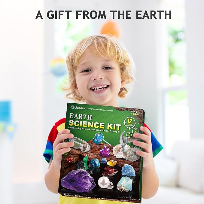 Japace Earth Science Kits for Kids Age 4-6-8-12-14, Birthstone Gemstone Dig Kit, Geology Kit with Break Your Own Geodes, Crystal Growing Experiment, Rock Mining Kit Birthday Gifts Toys for Boys Girls-BubblyBeeBaby