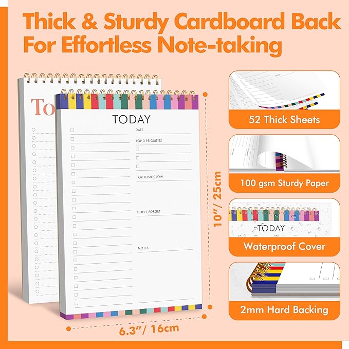 2 To Do List Notepads, Daily Planner Notebook with Tear-off Design, Undated Writing Organizer for Daily Tasks and Goal, Coiled Task Track Checklist Productivity Pad for Office, Classroom, Home, School-BubblyBeeBaby