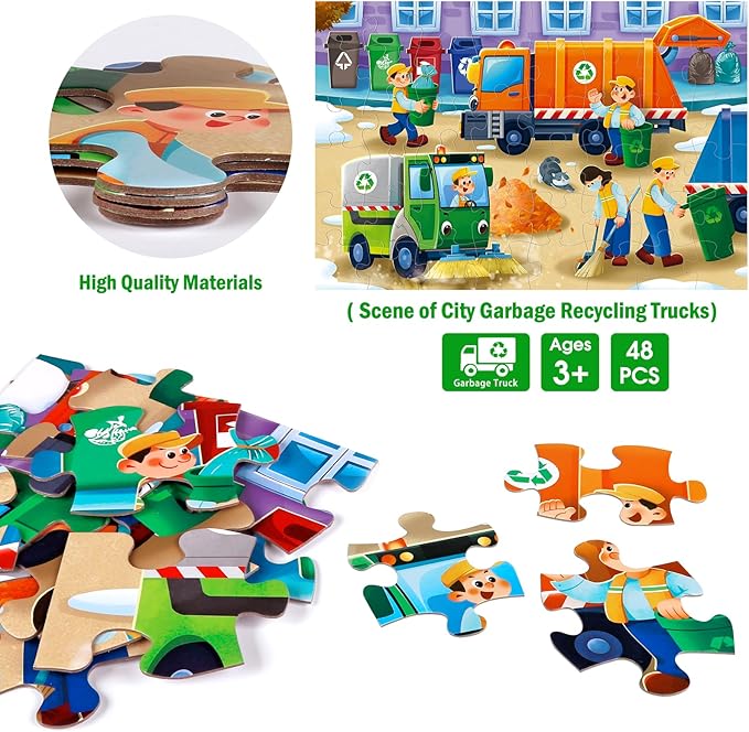 Jumbo Floor Puzzle for Kids,Recycling Garbage Truck Jigsaw Large Puzzles,48 Piece Trash Truck Vehicle Puzzle for Toddler Ages 3-5,Children Learning Preschool Educational Toys,Gift for 4-8 Years Old-BubblyBeeBaby