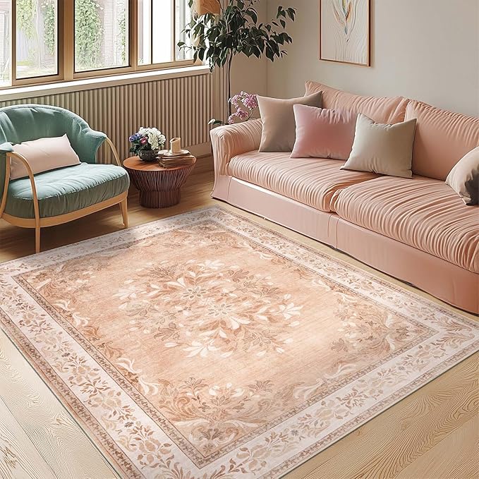 jinchan Vintage Floral 4x6 Area Rugs - Machine Washable Distressed Design Soft Ultra-Thin Low-Pile Non-Slip Carpet for Entryway Kitchen Bedroom Nursery Living Room Dining Room (4x6ft,Coral Pink)-BubblyBeeBaby