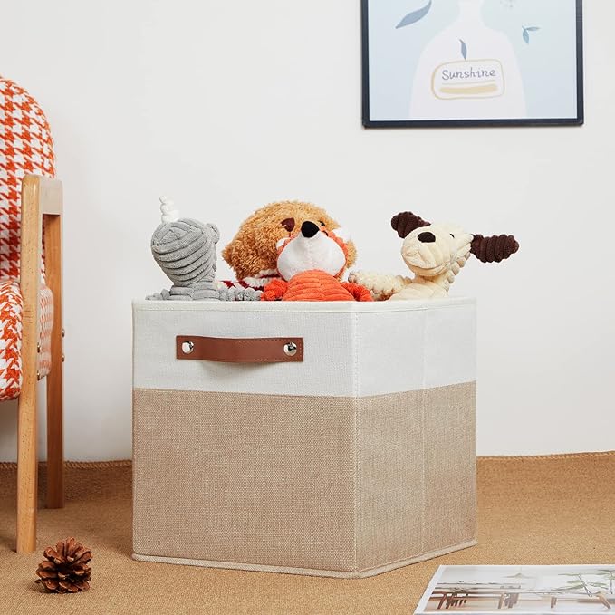 HNZIGE Fabric Storage Baskets Cubes Bins for Shelves, 11 x11 Foldable Storage Bins, Decorative Storage Basket with Leather Handles for Storage Clothes Home Nursery(White Beige-4Pack)-BubblyBeeBaby