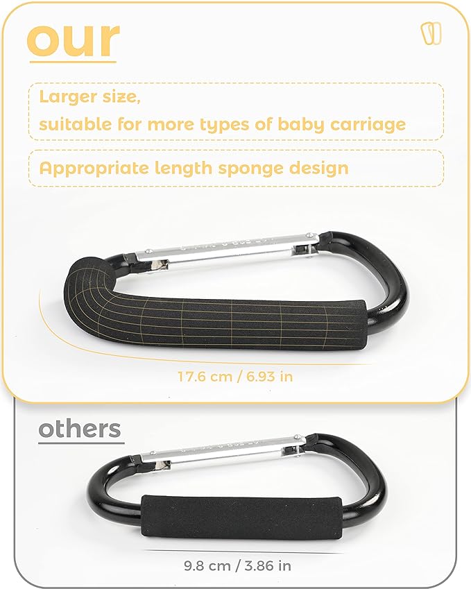 Stroller Hooks, 6.3" Large Stroller Clip, 2 Pack Stroller Hooks for Hanging Bags and Shopping, Stroller Accessories for Mommy, Large Carabiner-BubblyBeeBaby