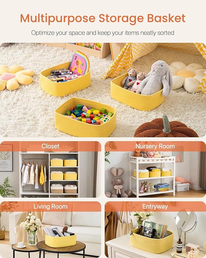 KALLAX Small Woven Basket, 13.5 x 9.5 x 5 Inches, Storage Basket for Organizing, Cute Small Rope Shelf Closet Cube Storage Bins Baskets for Shelves, Dog Toy Gift Baskets Empty, 3 Pack Yellow-BubblyBeeBaby