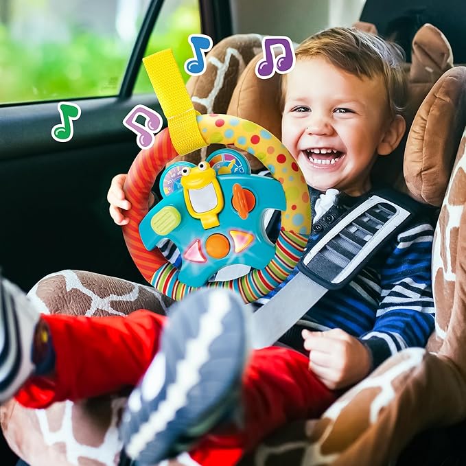 KiddoLab Steering Wheel Toy with Music,Lights,Sounds & Flip Up Mirror - Crib & Stroller Toys with Soft Fabric and Velcro Tap for Easy Attachment. Car Seat Toys for Babies and Toddlers. Ages 3 Months+-BubblyBeeBaby