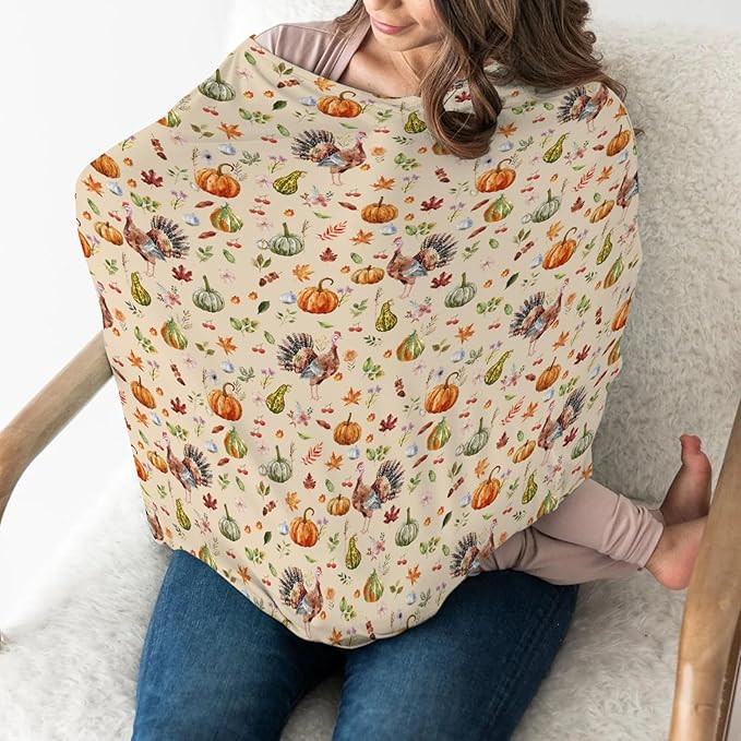 Thanksgiving Turkey Pumpkins Car Seat Covers Vintage Autumn Leaves Stretchy 5-in-1 Cover Adjustable Infant Carseat Cover Canopy Fall Harvest Breathable Nursing Cover-Up-BubblyBeeBaby