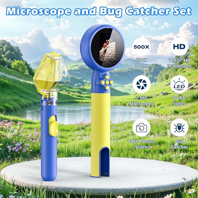 2 in 1 Kids Microscope with Bug Catcher,HD 500X Digital Microscope for Kids with 2" Screen,Photo and Video,STEM Educational Science Kit Learning Toys for Age 3-12 Girls & Boys Birthday Gifts (Blue)-BubblyBeeBaby