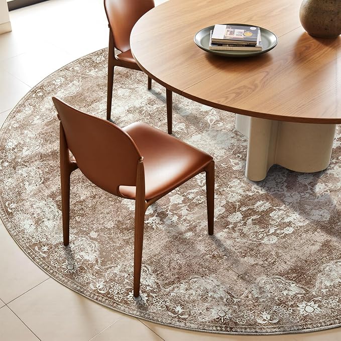 jinchan Round Rug 6ft Area Rug - Brown Vintage Floor Mat Kitchen Indoor - Washable Circle 6' Thin Floral Print Carpet Retro Farmhouse Non Slip Dining Room Living Room Bedroom Office-BubblyBeeBaby