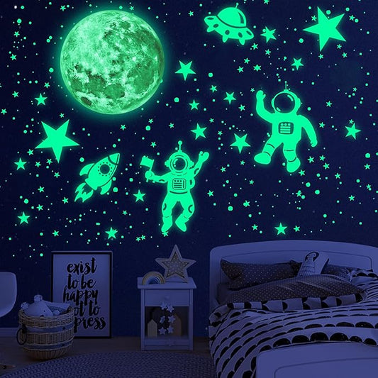 1017Pcs Glow in The Dark Stars for Ceiling Glow in The Dark Moon and Space Wall Decals Luminous Astronaut Universe Planet Galaxy Wall Stickers for Kids Boys Girls Bedroom Green-BubblyBeeBaby