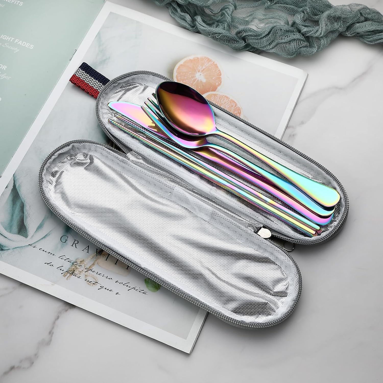 DEVICO Camping Utensils, Portable Travel Utensils with Case, Stainless Steel Reusable Silverware for Lunch Adult, 5Pcs Cutlery Set Includes Knife Spoon Fork Chopsticks and Case (Rainbow)