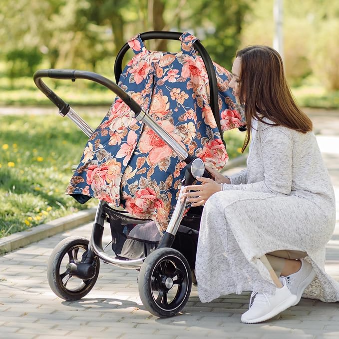 TANOFAR Car Seat Cover Baby, Carseat Covers Baby Boy Girl, Peekaboo Opening Infant Car Seat Cover for Winter, Warm & Cozy, Blue Floral-BubblyBeeBaby