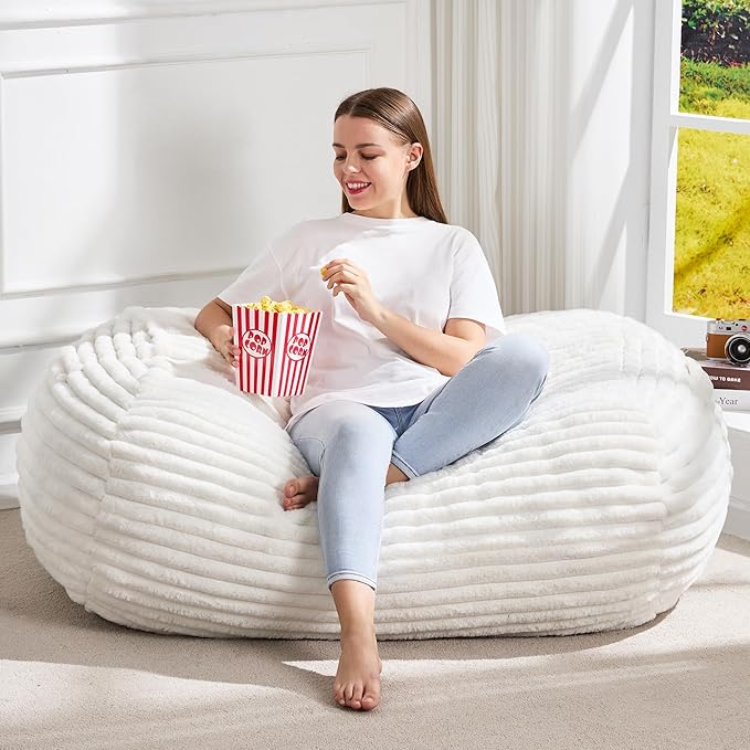 Hobestluk 3FT Bean Bag Chairs Adult Bean Bag with Portable Handle Comfy Large Bean Bag Chair with Removable Cover for Living Room Bedroom or Reading Nook (Stripe White, 3FT)-BubblyBeeBaby