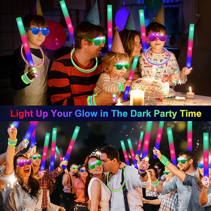 150 PCS Glow in the Dark Party Supplies, 16 Foam Sticks, 16 LED Glasses, 100 Glow Sticks and 18 Finger Lights for Neon Party, Wedding, Birthday, Concert, New Year, Carnivals, Raves-BubblyBeeBaby