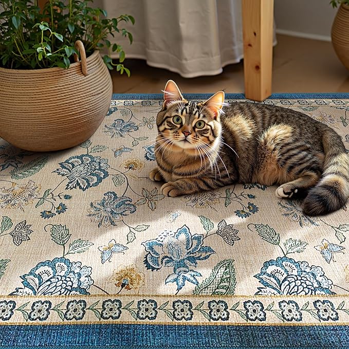 jinchan 3x5 Floral Rug for Entryway Washable Kitchen Rug Vintage Romance Design Small Mat Non Slip Indoor Doormat Lightweight Low-Profile Throw Carpet for Entrance Bathroom Laundry Room, Blue/Beige-BubblyBeeBaby