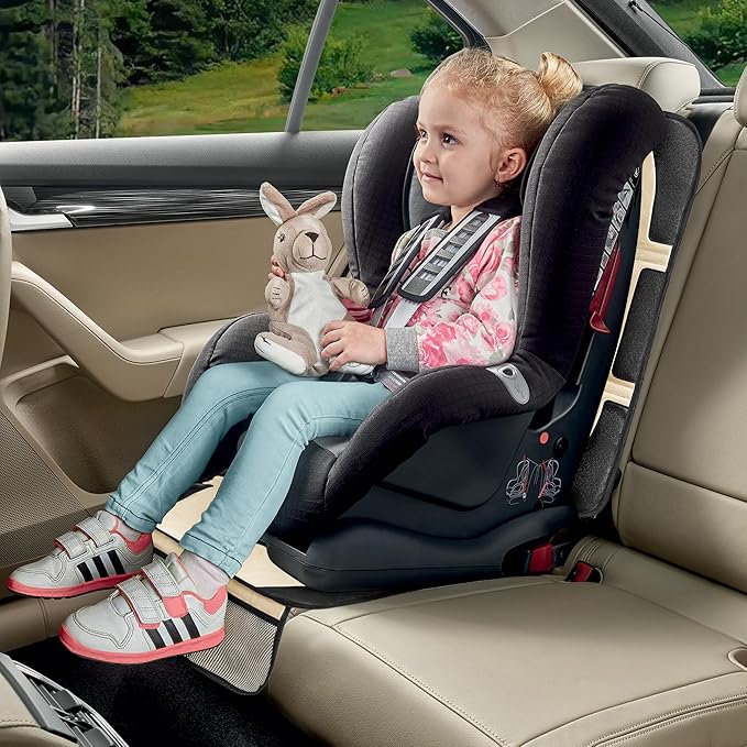 Car Seat Protector for Child Car Seat, 2 Pack Baby Car Seat Covers with Mesh Pockets & Non-Slip Backing 600D Durable Seat Protector Under Baby Car Seat for Car Back Seat (Beige, Large)-BubblyBeeBaby
