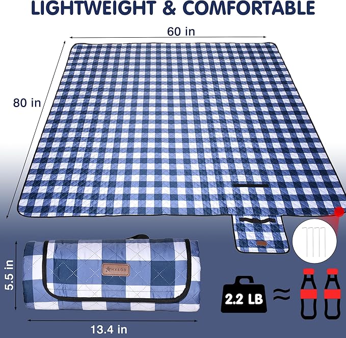 HX&OD Outdoor Picnic Blanket, Extra Large, 80''x60'' Waterproof Foldable Blankets Gingham Picnic Mat for Beach, Camping Grass Lawn Park Accessories Cute Couple Ideas Wedding (Blue, 80”x60”)-BubblyBeeBaby