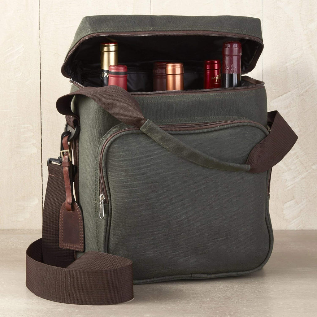 Wine Enthusiast 6-Bottle Waxed Canvas Wine Bag Tote Insulated Wine Carrier Cooler Travel & Picnics Holds Tall Bottles Includes Ice Pack Chilling Reusable Tote Bag for Wine Gifts & Outdoor Gatherings