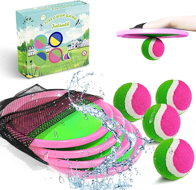 Jalunth Ball Catch Set Game Toss Paddle - Beach Toys Back Yard Outdoor Pool Games Backyard Target Throw Sticky Mitts Set Age 3 4 5 6 7 8 9 10 11 12 Years Old Boys Girls Kids Easter Gifts Pink 2 Pack-BubblyBeeBaby