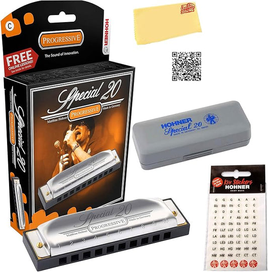 Hohner 560 Special 20 Harmonica - Key of D Bundle with Carrying Case, Key Stickers, Harmonica Beginner Online Manual, and Austin Bazaar Polishing Cloth-BubblyBeeBaby