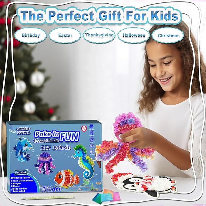 JRD&BS WINL Magical Ocean Animal Poke Art - Dolphin, Jellyfish, Seahorse, Turtle, Octopus | No-Mess Craft Kit for Kids 4-9 | Marine Biology Learning Toy | Creative Gift for Preschoolers-BubblyBeeBaby