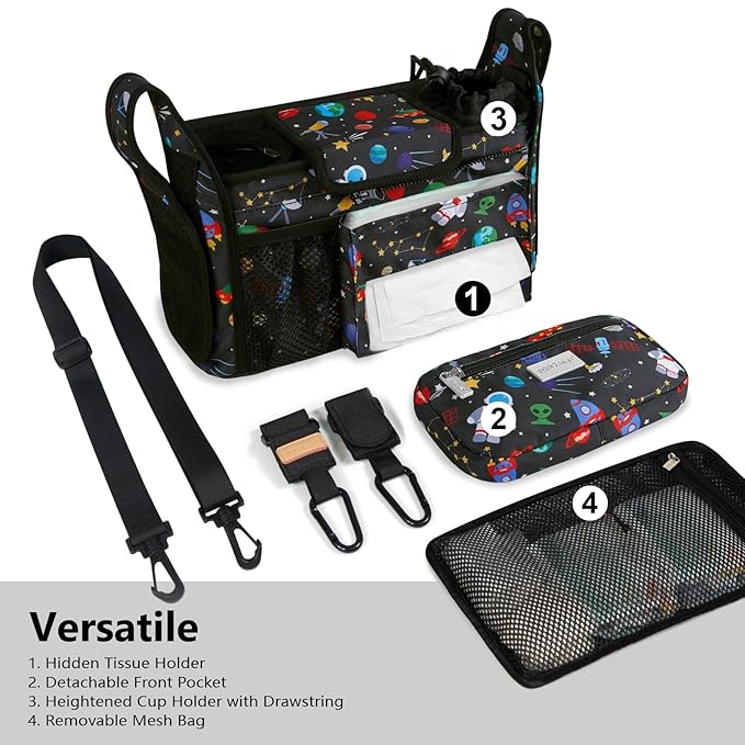 TOPDesign Universal Baby Stroller Organizer, Stroller Caddy with Detachable Mesh Bag & Heightened Insulated Cup Holders & Non-Slip Secure Hooks Accessories, Fits Most Strollers (Space Exploration)-BubblyBeeBaby