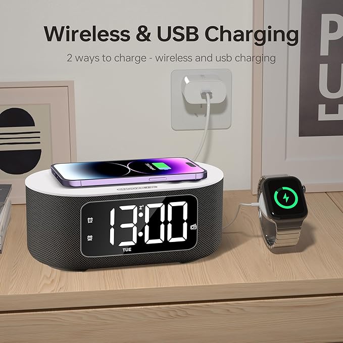 JALL Fabric Alarm Clock for Bedroom, with Big Led Screen Display, Bluetooth Stereo Sound Speaker, FM Radio, Fast Wireless Charging, USB Charging Port, Nightlight, White Noise, Ideal for Gift, Black-BubblyBeeBaby