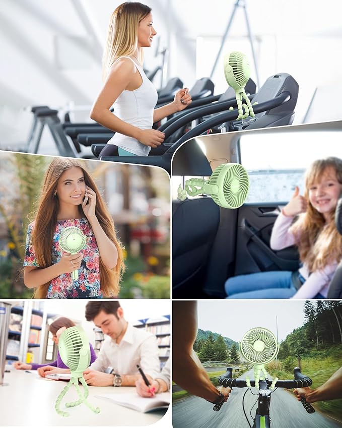 Stroller Fan Clip on for Baby, 4000mAh Rechargeable Battery Operated, Flexible Tripod, 3 Wind Speed, 360° Rotatable, Small Portable Fan for Car Seat Crib Golf Cart Beach Travel, Green-BubblyBeeBaby