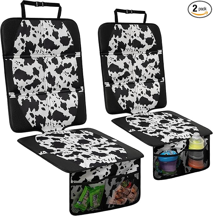 Car Seat Protector for Child Car Seat, 2 Pack Baby Car Seat Covers with Mesh Pockets & Non-Slip Backing 600D Durable Seat Protector Under Baby Car Seat for Car Back Seat (Cow Print, Large)-BubblyBeeBaby