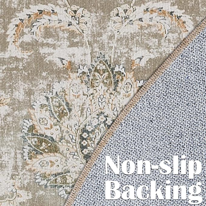 jinchan Round Rug 4ft Area Rugs Vintage Floral Distressed Design - Machine Washable Non-Slip Low-Pile Ultra-Thin Circle Rug for Entryway Bedside Living Room Dining Room Bedroom (4' Round,Taupe)-BubblyBeeBaby