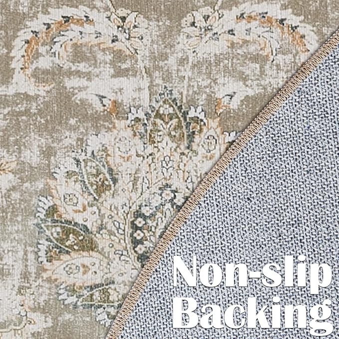 jinchan Round Rug 8ft Area Rugs - Vintage Floral Distressed Design Machine Washable Non-Slip Low-Pile Ultra-Thin Circle Rug for Living Room Dining Room Bedroom Home Office Farmhouse (8' Round,Taupe)-BubblyBeeBaby