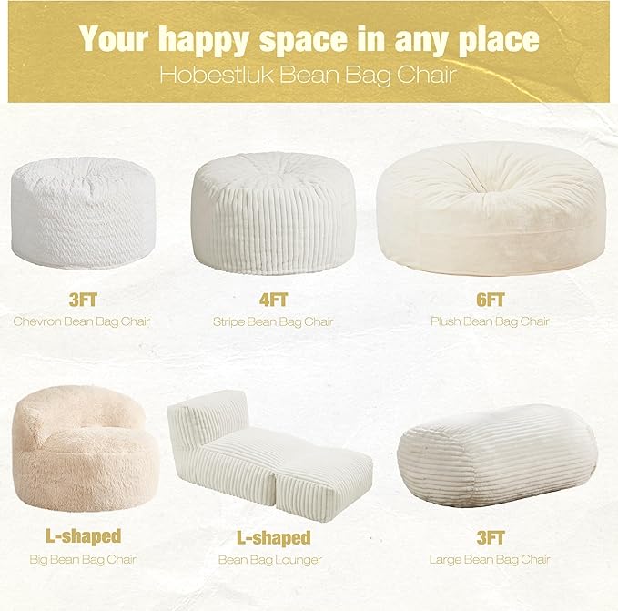 Hobestluk 3FT Bean Bag Chairs Adult Bean Bag with Portable Handle Comfy Large Bean Bag Chair with Removable Cover for Living Room Bedroom or Reading Nook (Stripe White, 3FT)-BubblyBeeBaby