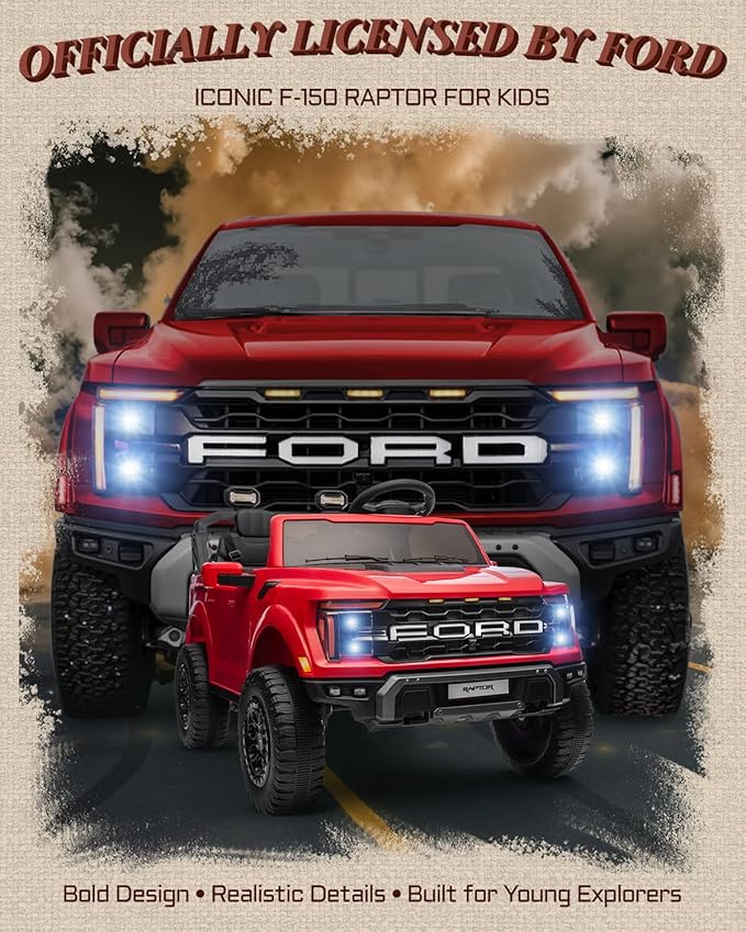 24V 2 Seater Ride on Toys for Kids, Licensed Ford F-150 Raptor Kids Electric Vehicles w/Remote Control, Power Pedal and Durable Wheels, LED Lights, Bluetooth, Truck Bed Storage (Red)-BubblyBeeBaby