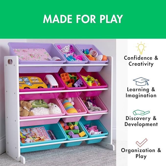 Humble Crew Kids Toy Storage Organizer with 12 Plastic Bins, White/Pink/Purple/Turquoise – Removable Bins for Playroom, Bedroom, Toddler Furniture for Boys and Girls Ages-BubblyBeeBaby