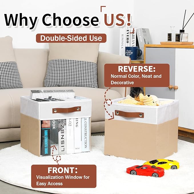HNZIGE 11 Inch Foldable Fabric Storage Cubes - Clear Bins for Shelves, Canvas Cube Organizer Bins (White Beige 6 PCS)-BubblyBeeBaby