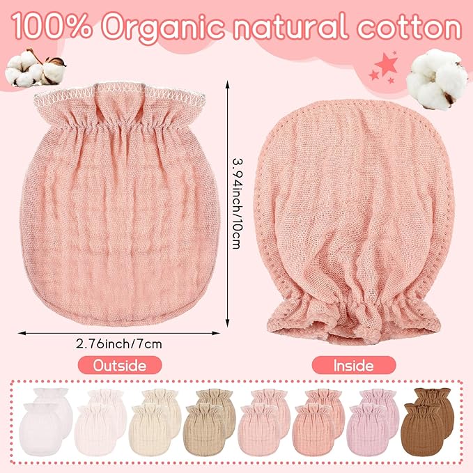 8 Pairs Newborn Baby Muslin Mittens 0-6 Months No Scratch Elastic Wrist Soft Breathable Gloves Bulk Cotton for Infant-BubblyBeeBaby