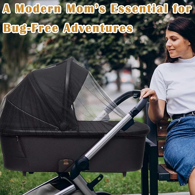 Baby Stroller Mosquito Net (2 Pack) - Durable Mesh Protection for Bassinets, Cradles, Playards, Pack N Plays & Portable Mini Cribs | Breathable Universal Fit Insect Barrier (Black + Daisy)-BubblyBeeBaby