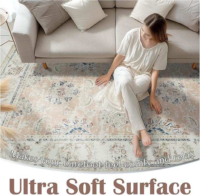 jinchan Washable Area Rug 4x6 Ultra-Thin Low Pile Non-Slip Stain Resistant Soft Faux Wool Spring Floral Rug Distressed Vintage Carpet for Bedroom,Living Room,Dining Room,Kitchen,Nursery(Pink, 4' x 6')-BubblyBeeBaby