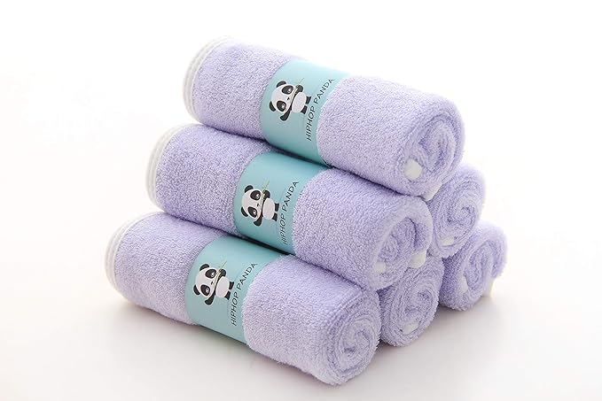 HIPHOP PANDA Baby Washcloths, Rayon Made from Bamboo - 2 Layer Ultra Soft Absorbent Newborn Bath Face Towel - Reusable Baby Wipes for Delicate Skin - Purple, 6 Pack-BubblyBeeBaby